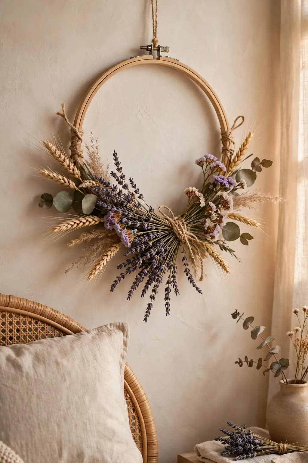 Dried flower hoop wall art with lavender and wheat stems hanging on a cozy bedroom wall