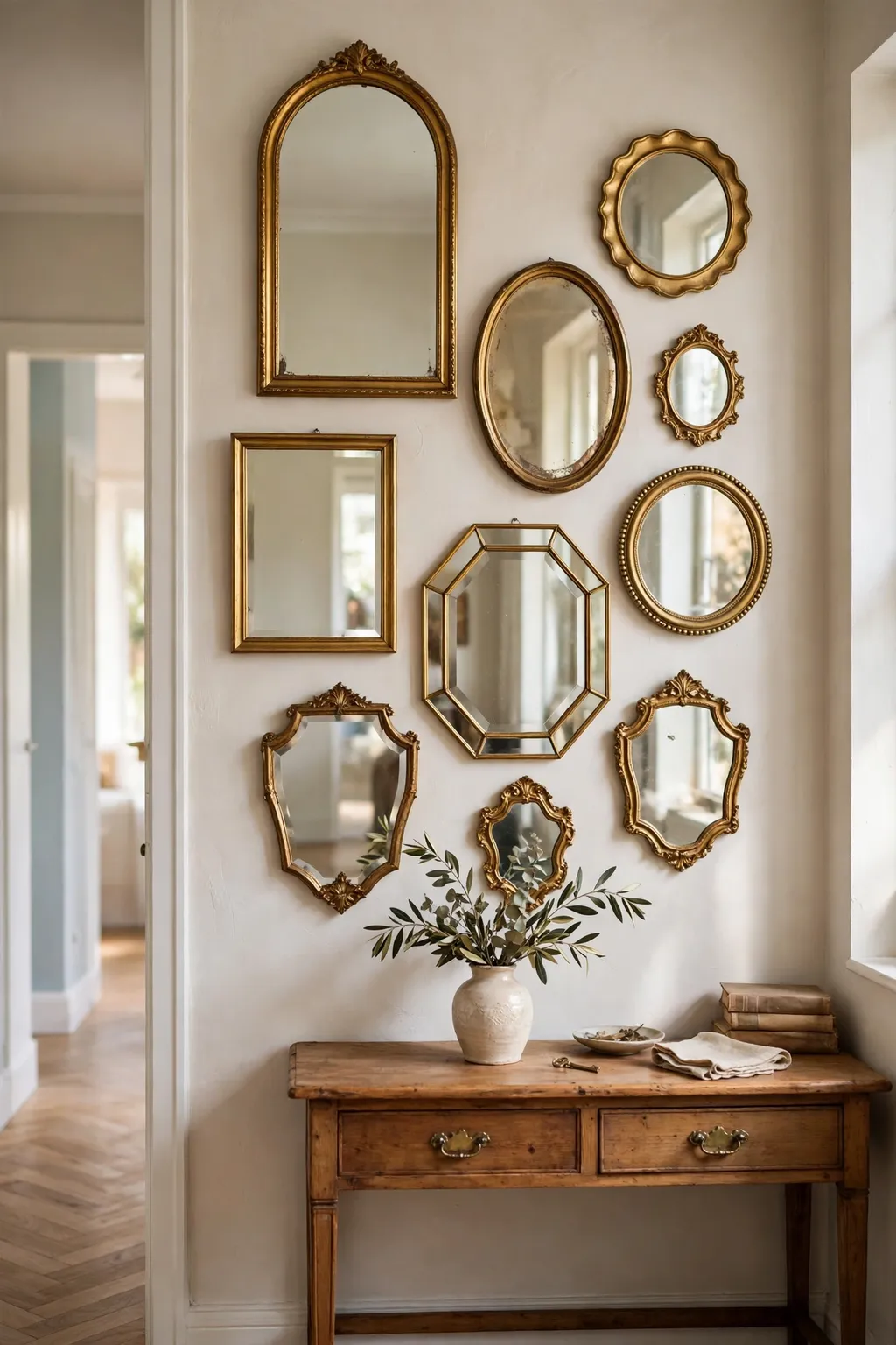 Wall of thrifted mirrors in different shapes and warm gold frames above a hallway console table