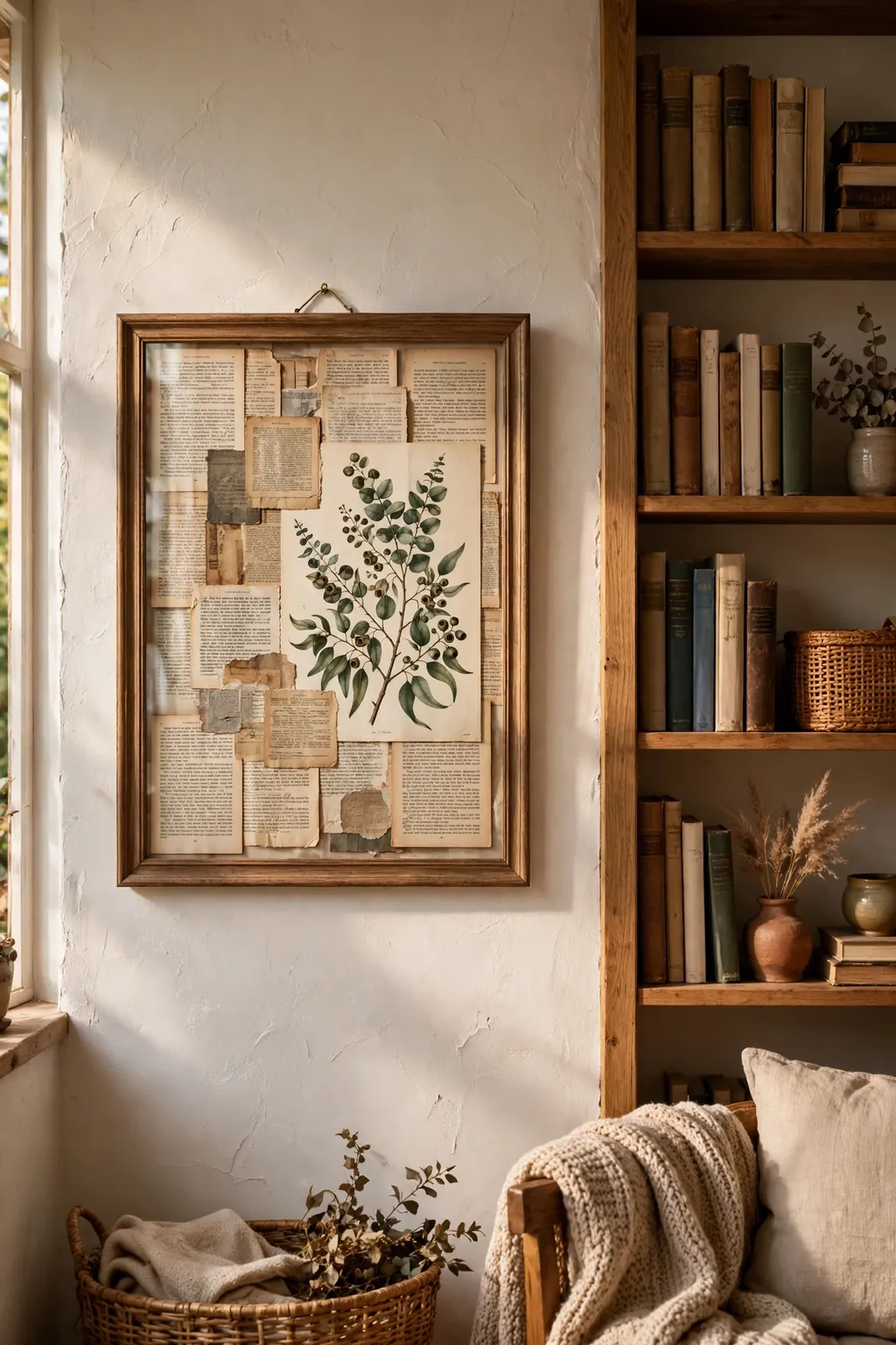 Framed collage wall art made from old book pages and a botanical print on a reading nook wall