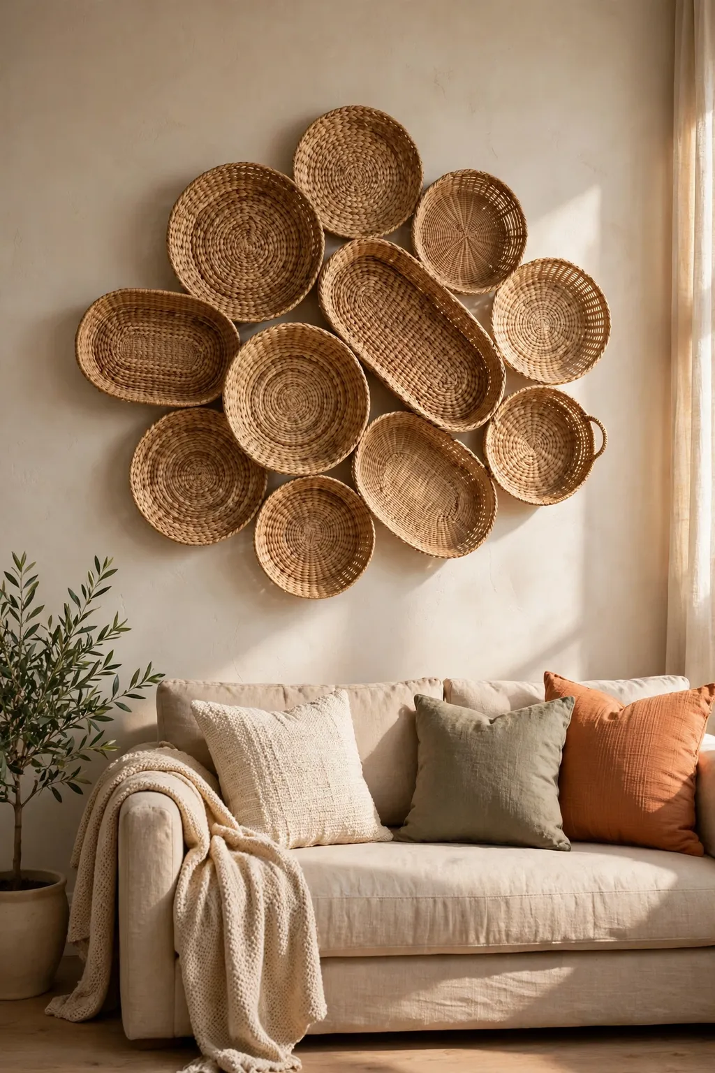 Woven basket wall display in natural seagrass tones arranged in a cluster on a living room wall
