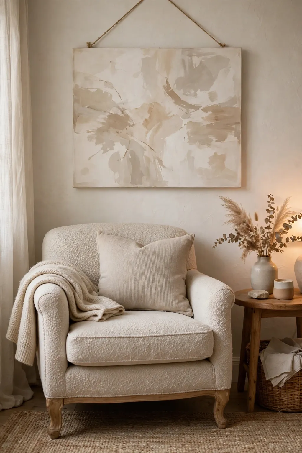 Hand-lettered quote canvas wall art in soft neutral tones hanging above a cozy armchair