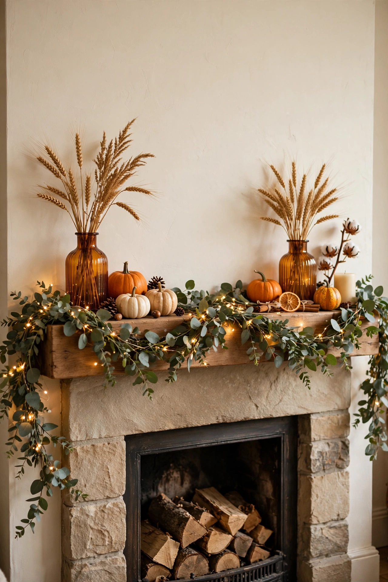 Cozy fall mantel decorated with pumpkins, wheat and fairy lights