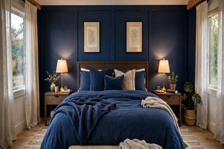Cozy navy blue bedroom, centred