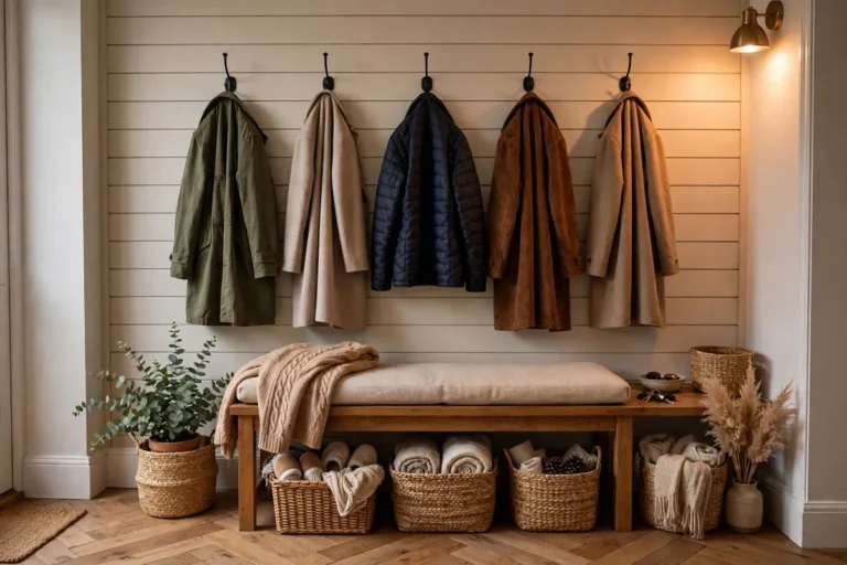 Organized entryway with bench and hooks centred, landscape