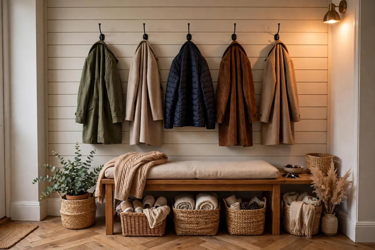 Organized entryway with bench and hooks centred, landscape