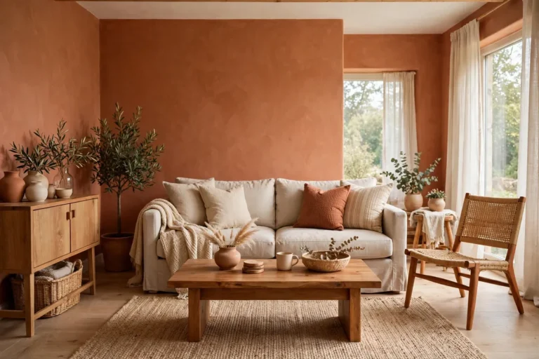 Terracotta-painted living room with warm earthy walls and natural wood furniture