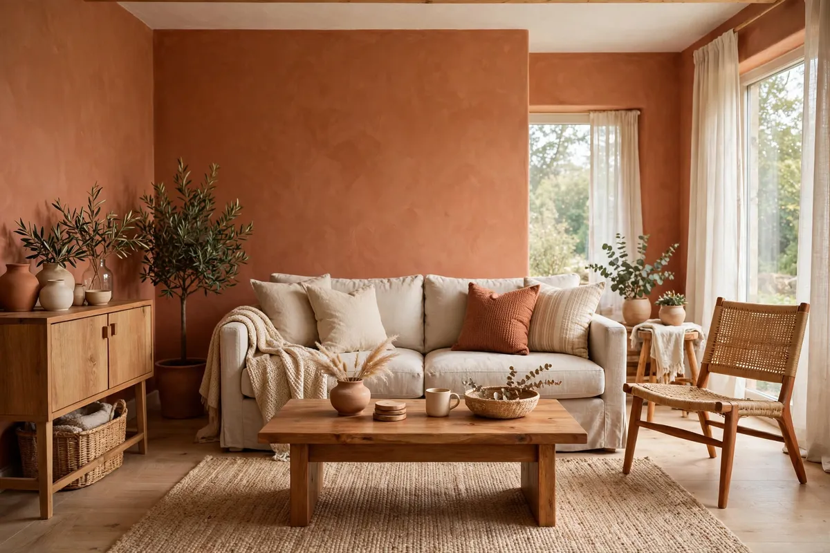 Terracotta-painted living room with warm earthy walls and natural wood furniture
