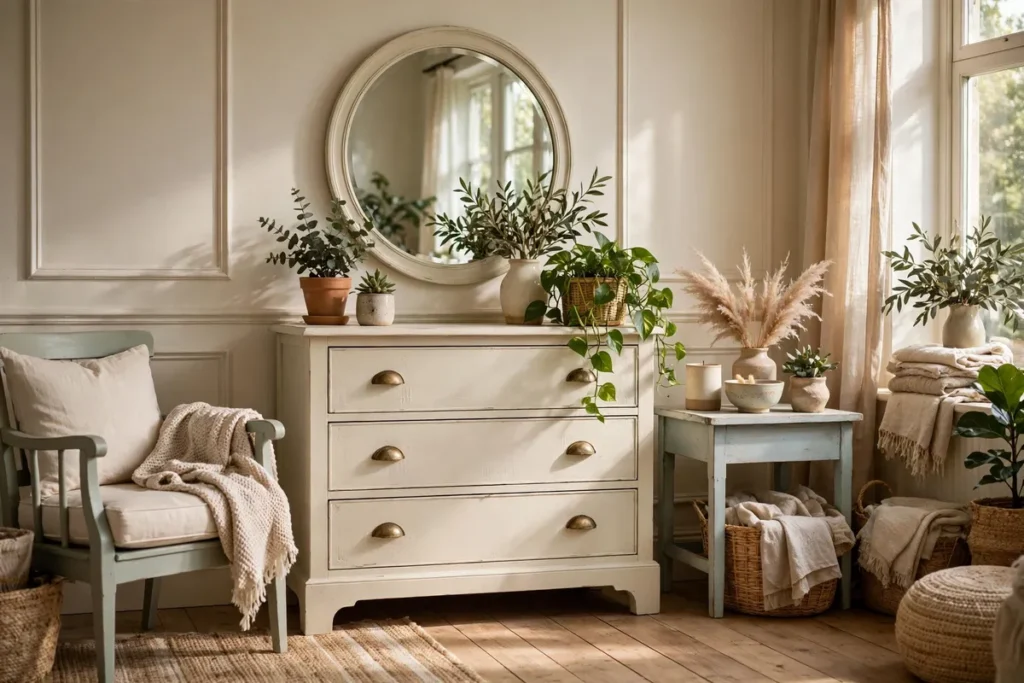 Painted furniture room scene with a chalk-painted dresser in soft cream centred