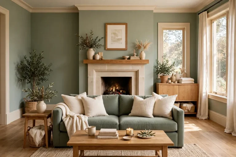 Cozy sage green living room centred, landscape