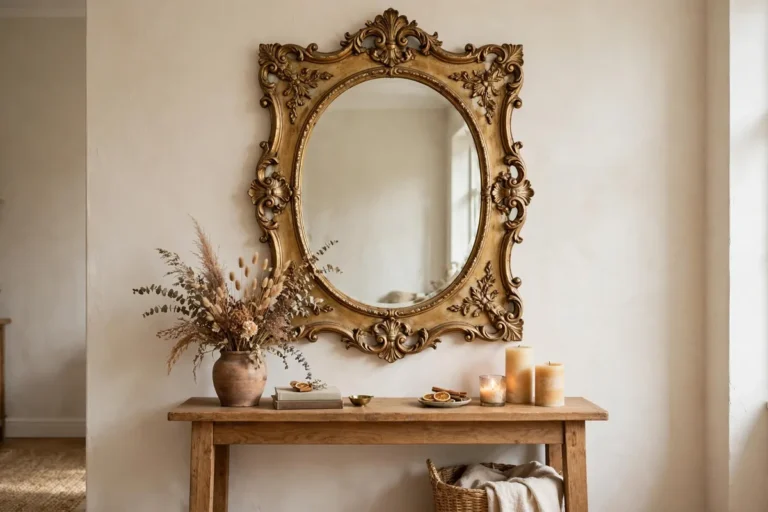 Large thrifted ornate gold-frame mirror centred above a console, landscape