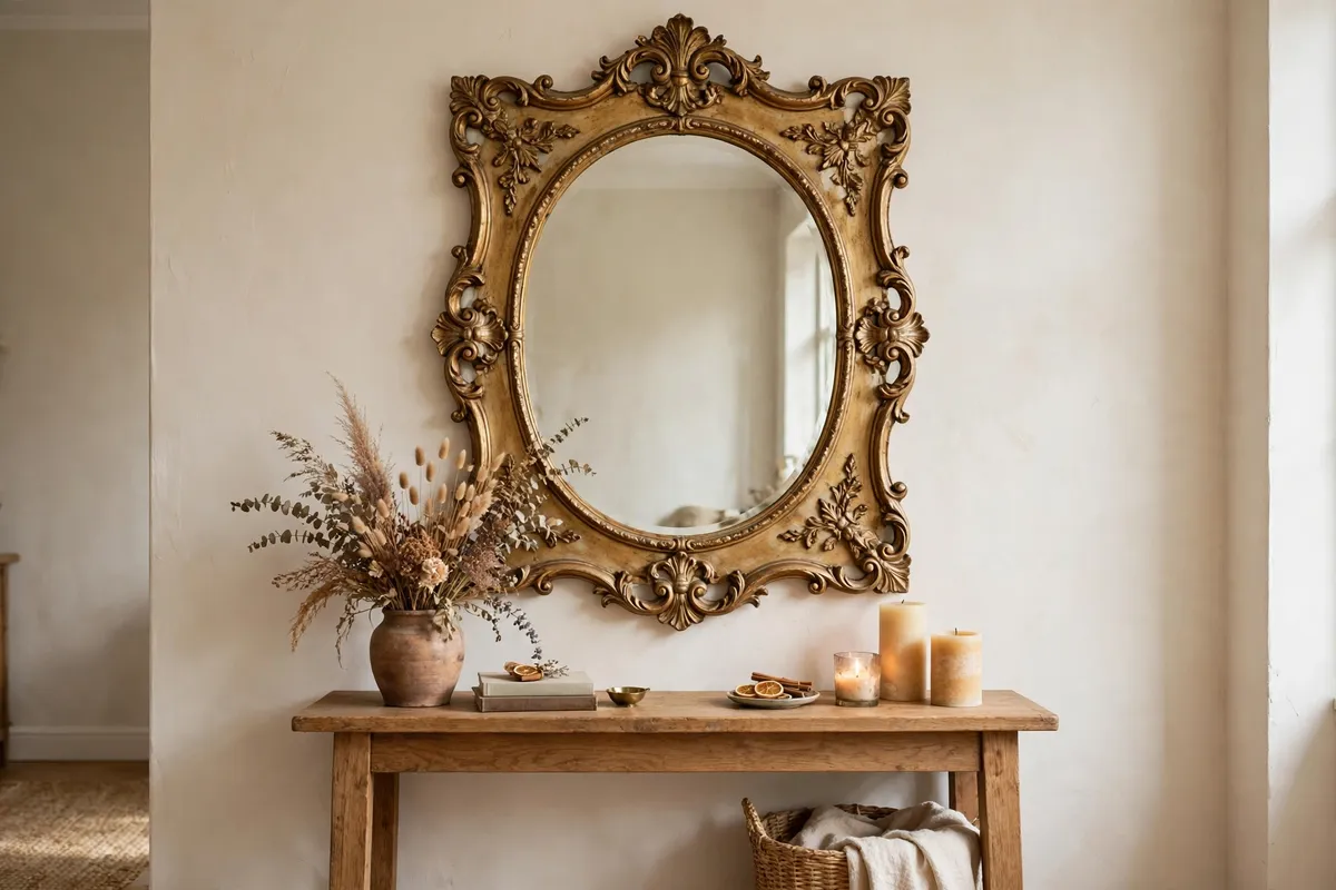 Large thrifted ornate gold-frame mirror centred above a console, landscape