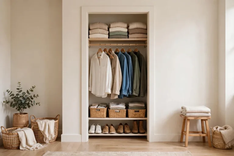 Small organized closet with the closet interior centred in the frame, landscape