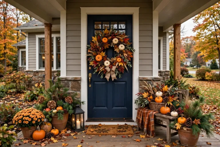 A beautiful fall wreath with autumn leaves, mini pumpkins, and pinecones hanging centered on a front door, landscape