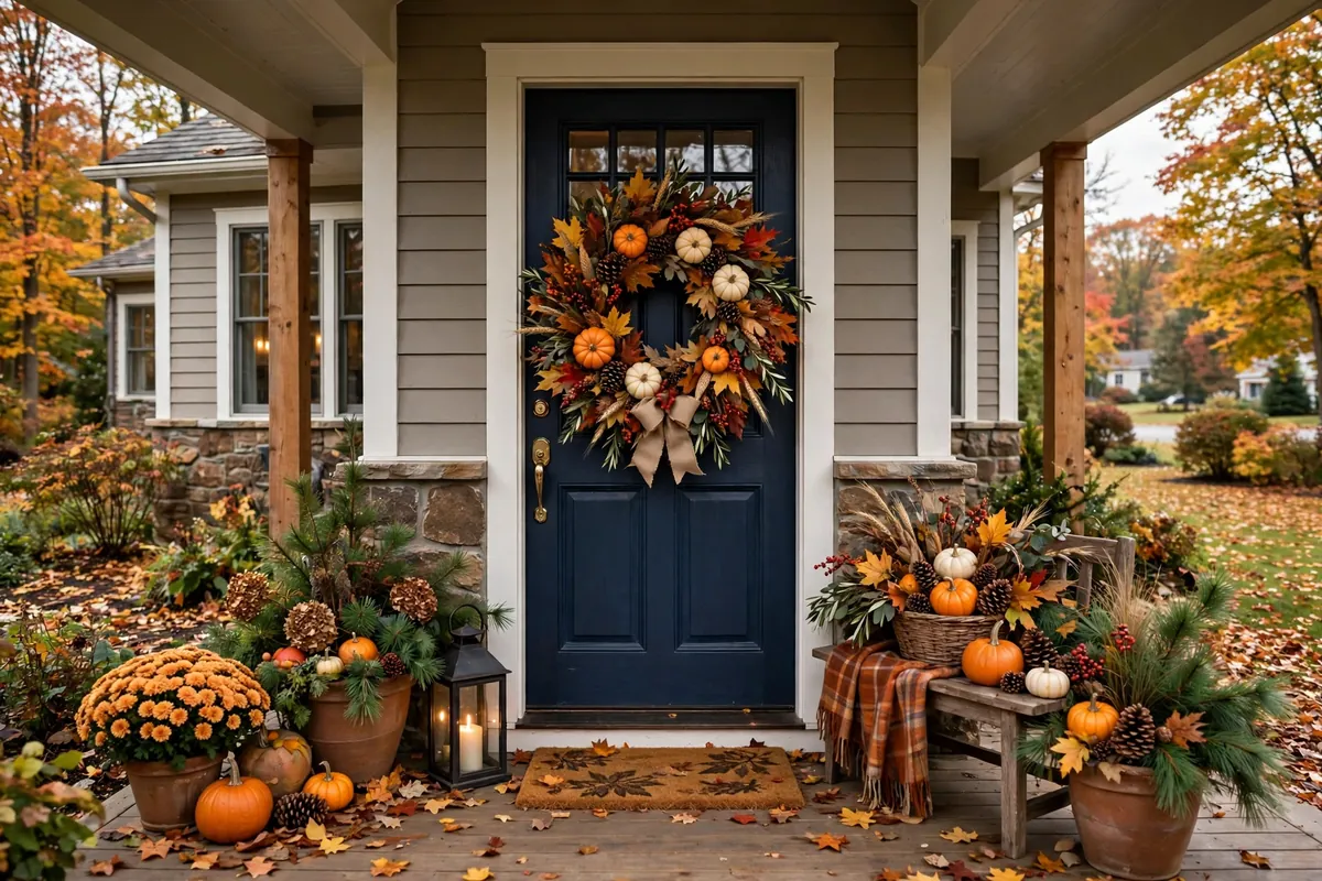 A beautiful fall wreath with autumn leaves, mini pumpkins, and pinecones hanging centered on a front door, landscape