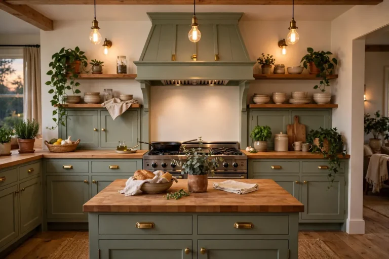 A cozy kitchen with painted cabinets, new hardware, warm lighting and plants, main kitchen subject clearly in the center of the frame, landscape