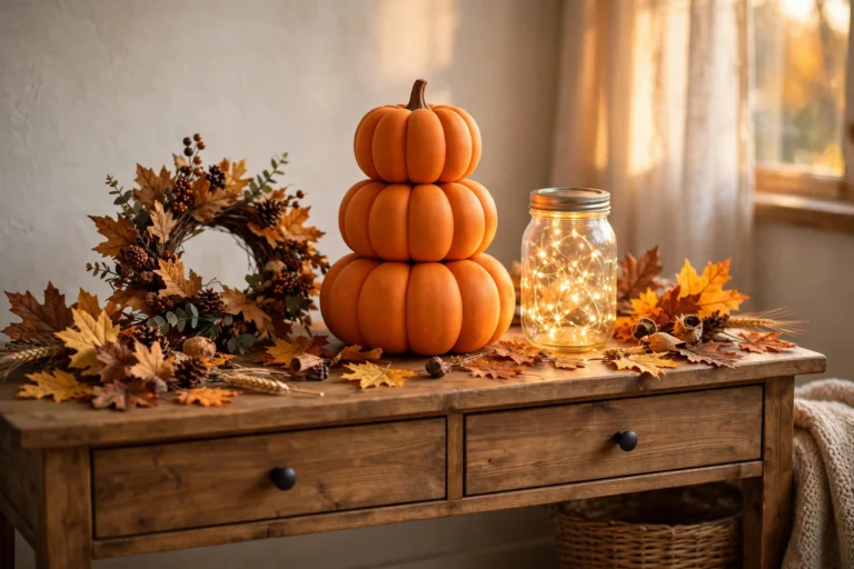 Dollar Tree fall decor scene with a pumpkin stack, wreath and glowing mason jar lantern, landscape