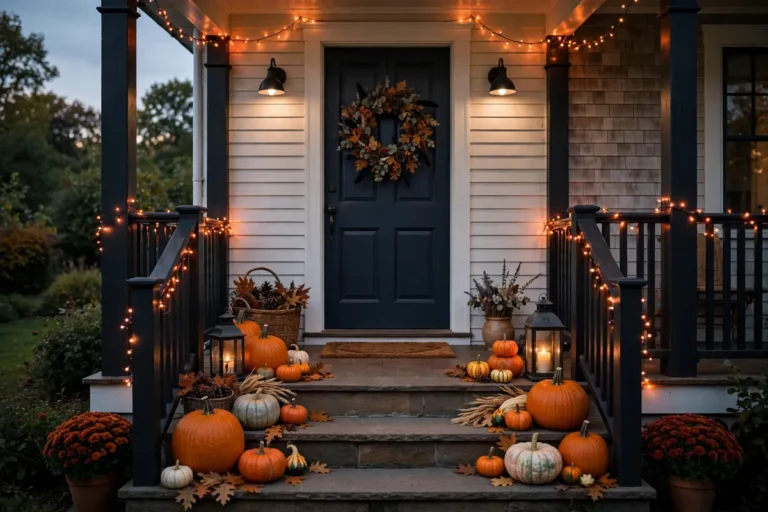Halloween porch with pumpkin-lined steps, lanterns and fairy lights, door centred, landscape