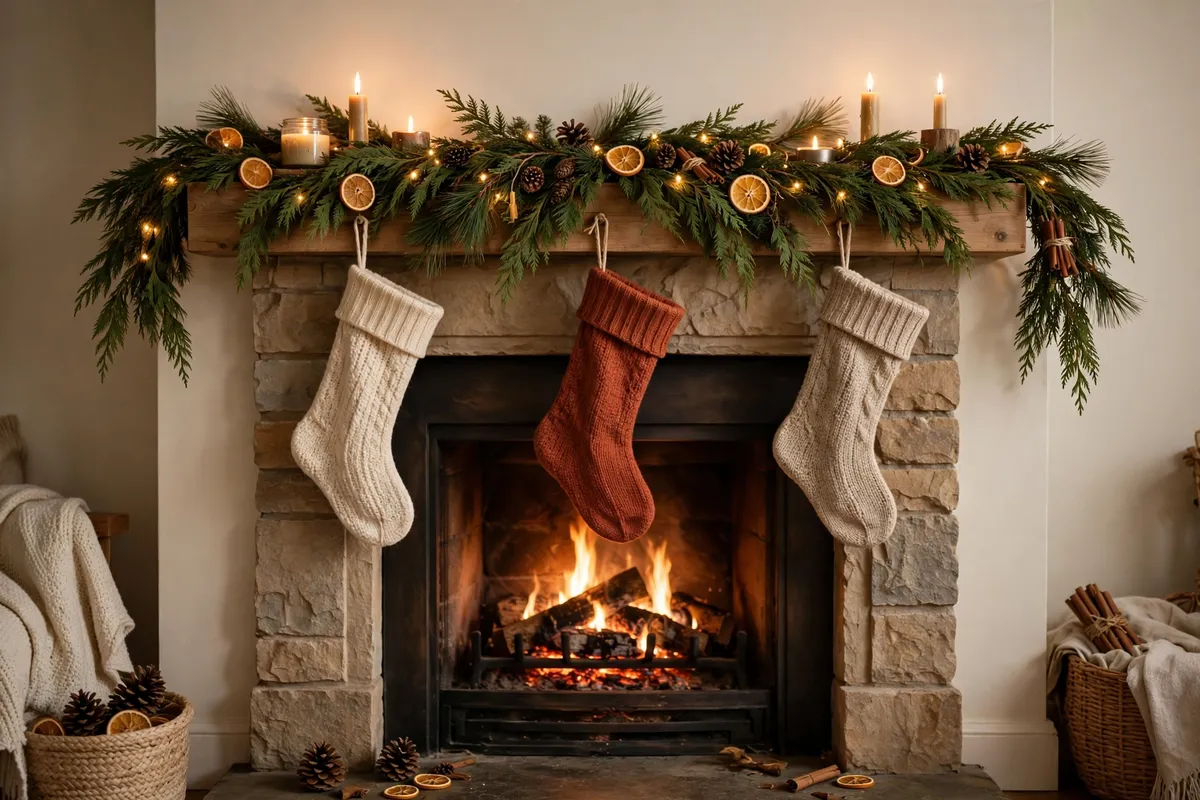 Cozy Christmas mantel with cedar garland, dried oranges, stockings and candlelight