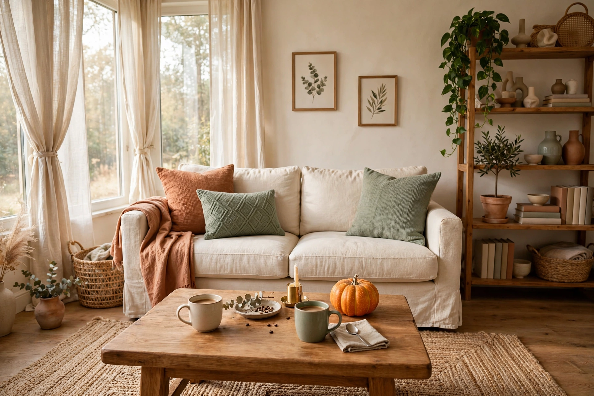 Cozy living room decorated for fall on a budget