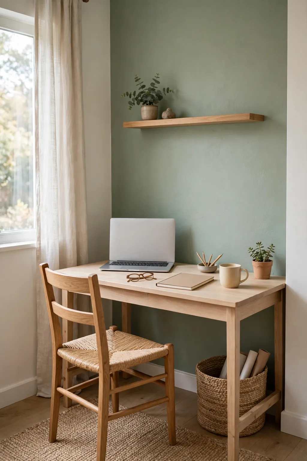 Small home office with a soft sage green accent wall behind a wooden desk and a chair