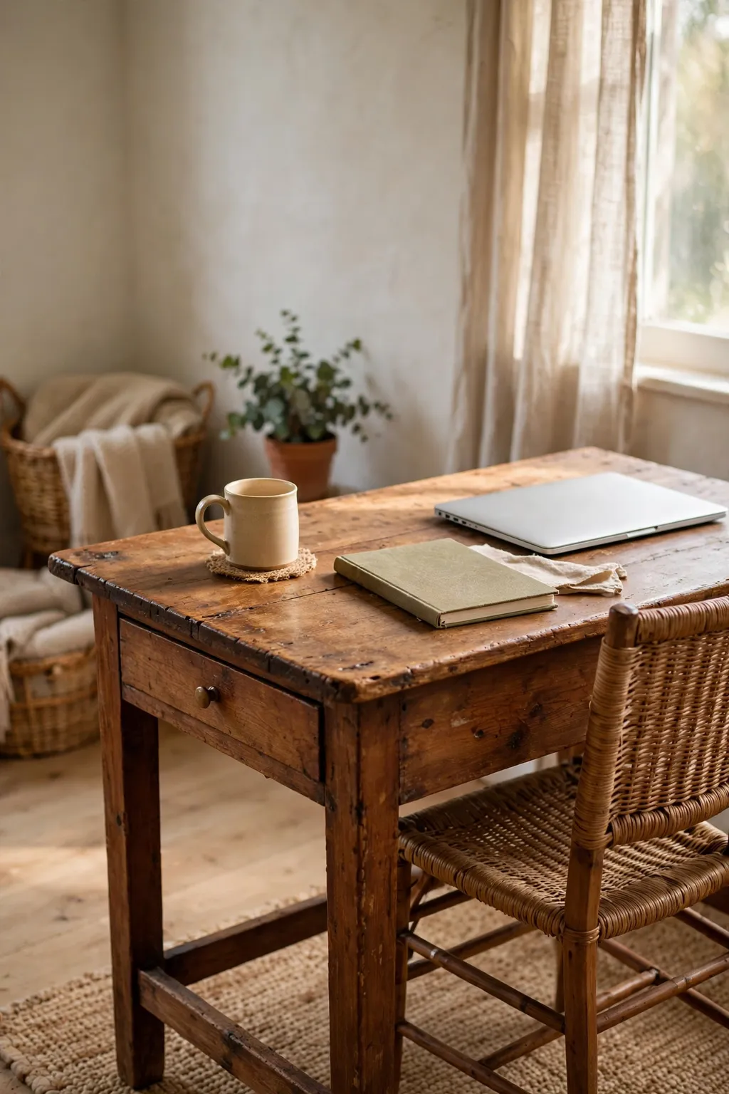Thrifted wooden desk in a cozy home office with a laptop, a notebook, and a mug