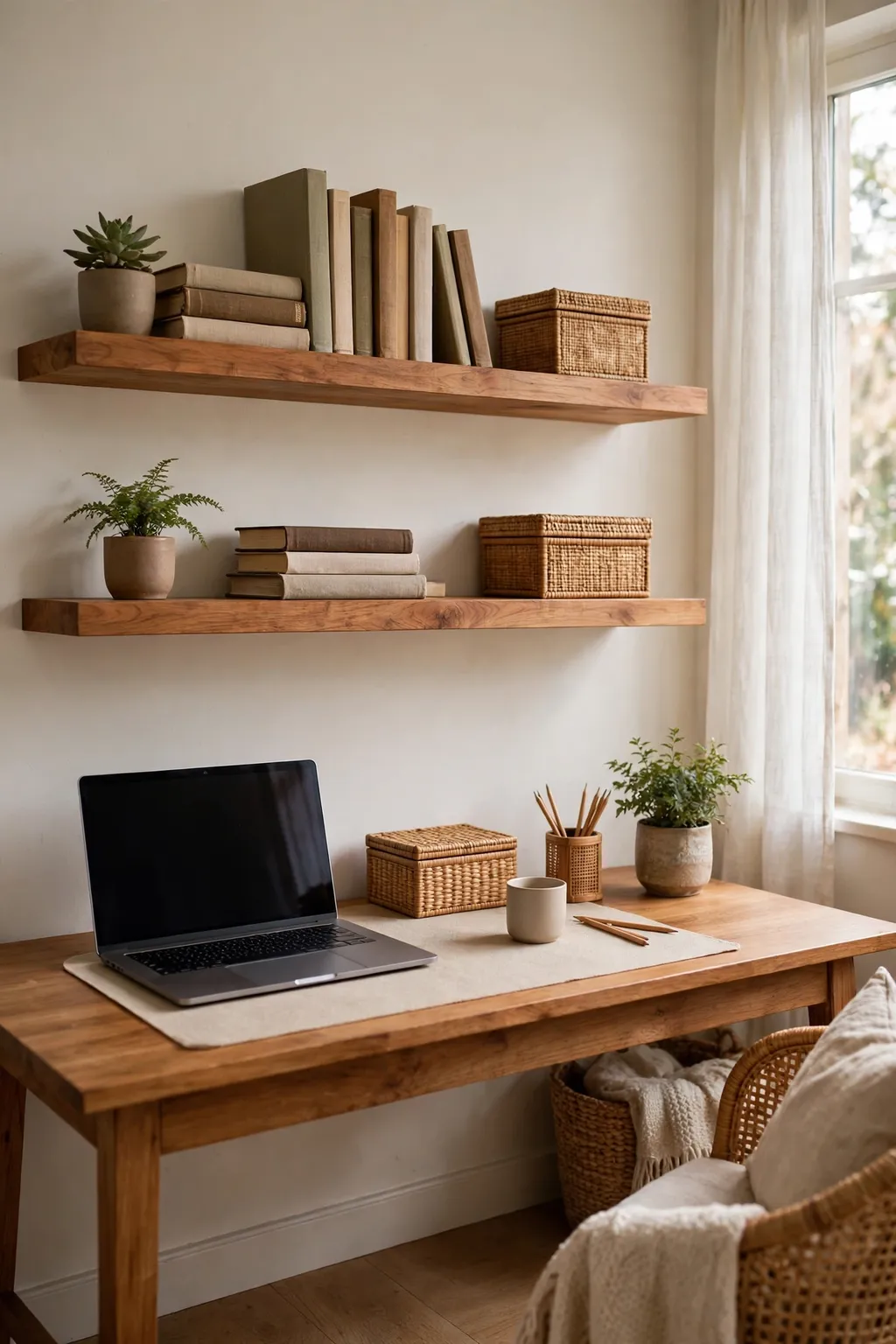 Floating wooden shelves above a home office desk holding books, boxes, and a small plant