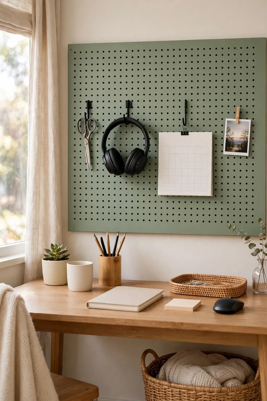 Pegboard wall above a home office desk with hooks holding scissors, headphones, and a calendar