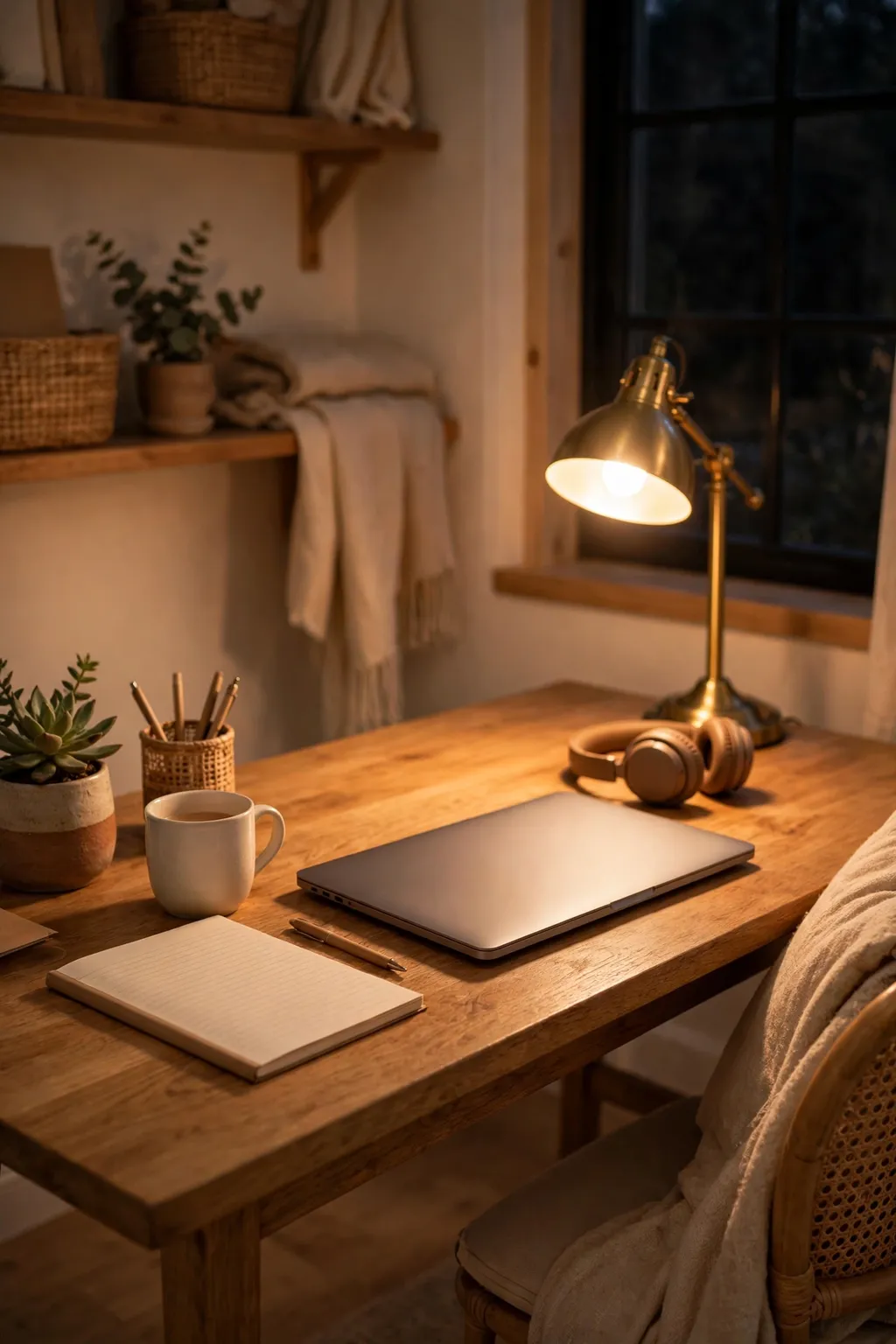 Home office desk in the evening lit by a warm desk lamp with a soft glow