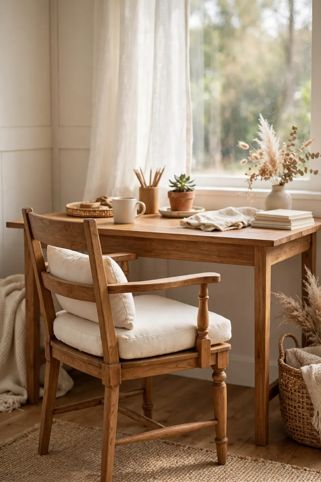 Wooden home office chair with a thick cream seat cushion and a small lumbar cushion at a desk