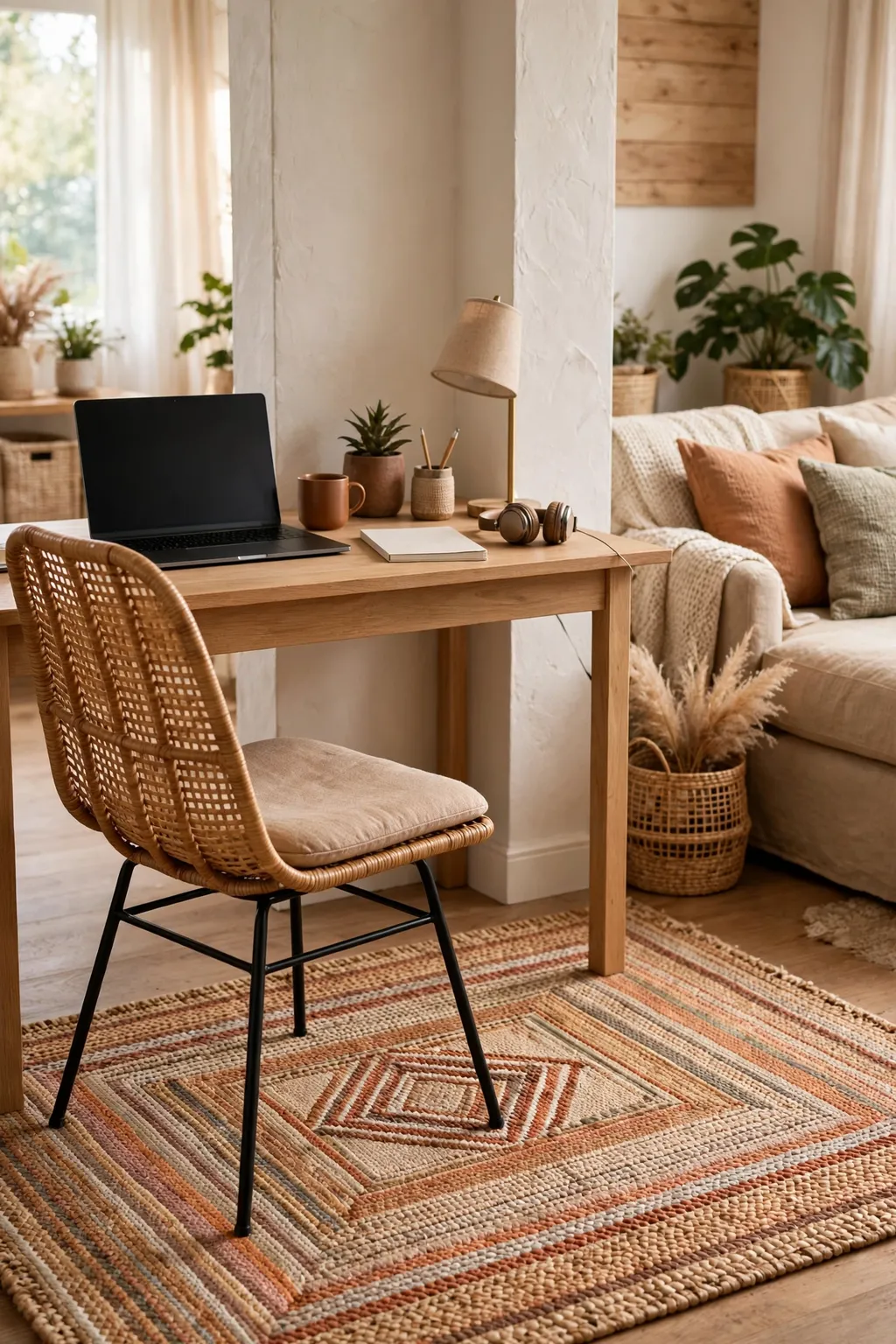 Woven rug under a home office desk and chair marking out a workspace zone in a shared room