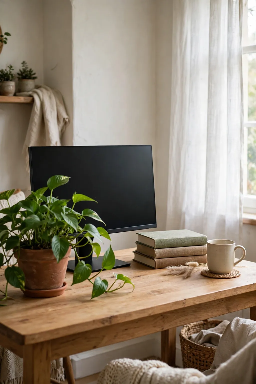 Leafy houseplant beside a monitor on a home office desk in soft daylight
