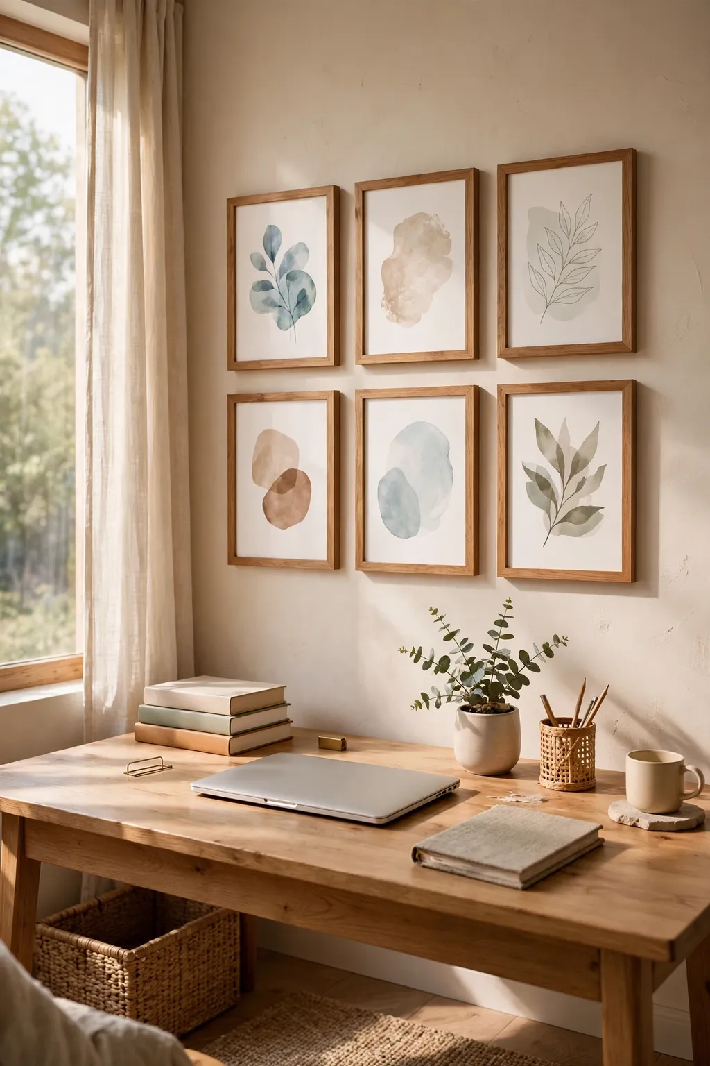 Small gallery wall of framed prints above a home office desk with a laptop and books