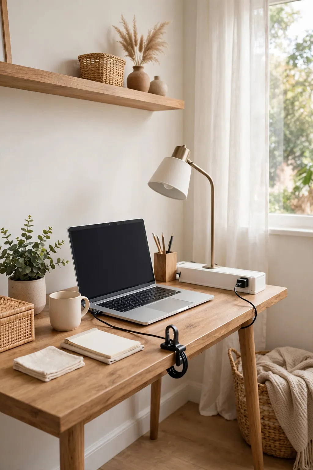 Tidy home office desk with cables hidden in a cord box behind the desk and a charger clip