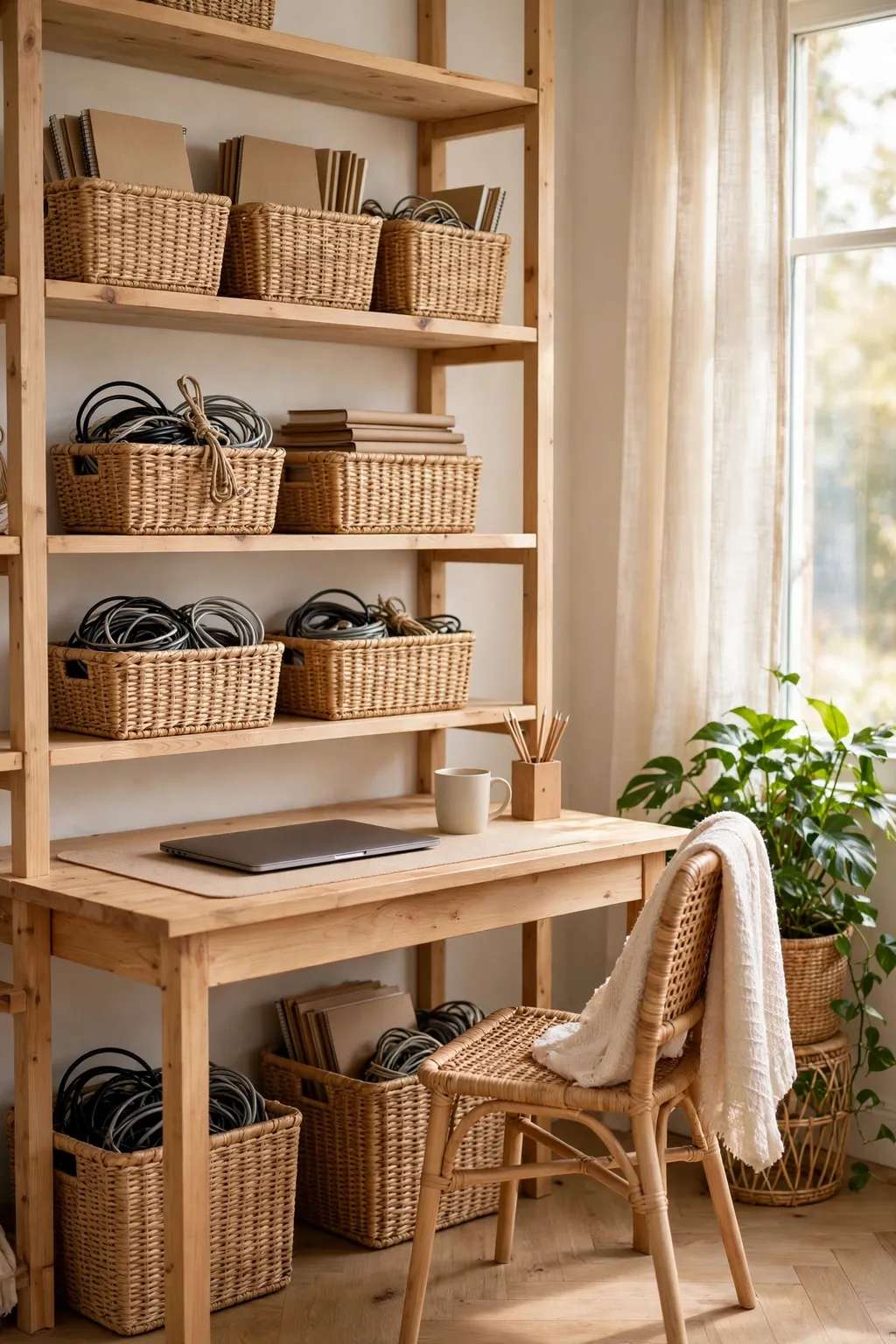 Woven storage baskets on shelves and under a home office desk holding notebooks and cables