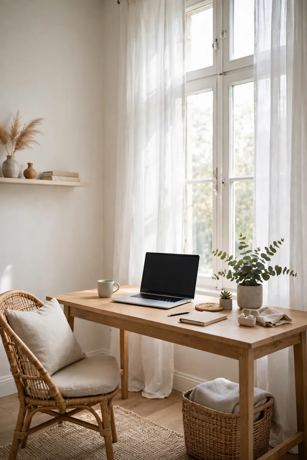 Home office desk by a window with sheer white curtains softening bright daylight
