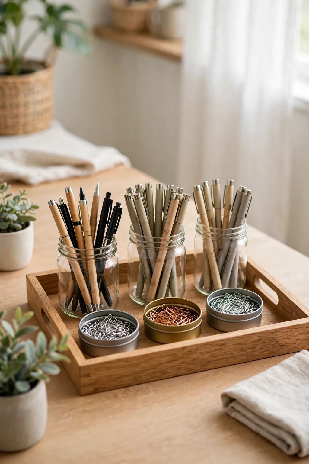 Glass jars and tins on a wooden tray organizing pens and paper clips on a home office desk