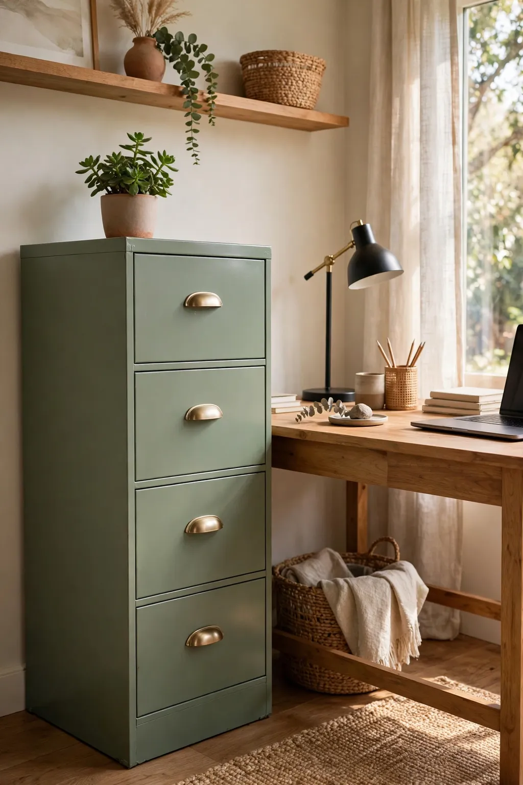 Sage green painted filing cabinet beside a home office desk with a plant on top