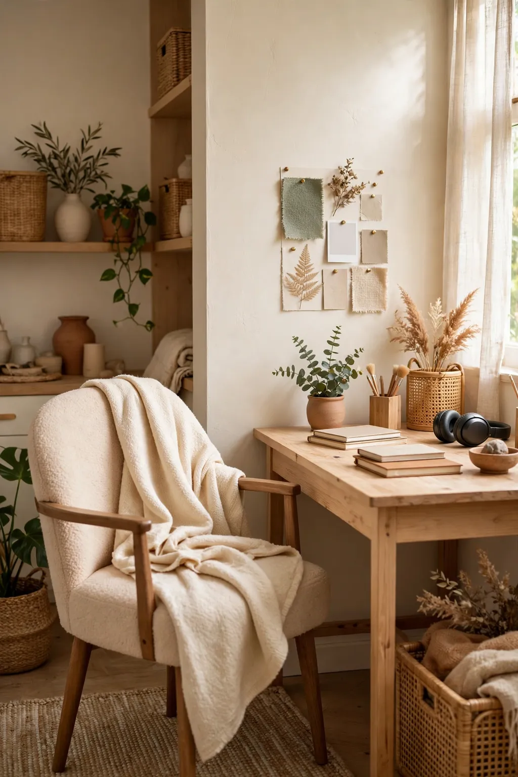 Cozy home office chair with a soft throw blanket and a small mood board pinned beside the desk