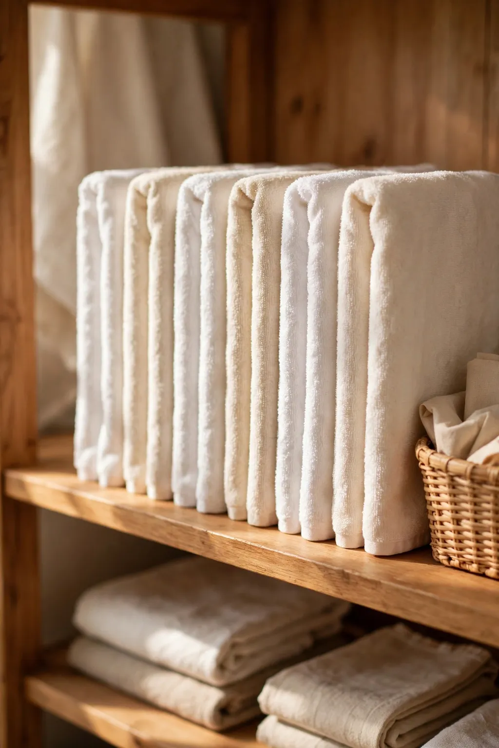 Linen closet shelf with file-folded white and cream towels standing in a neat row