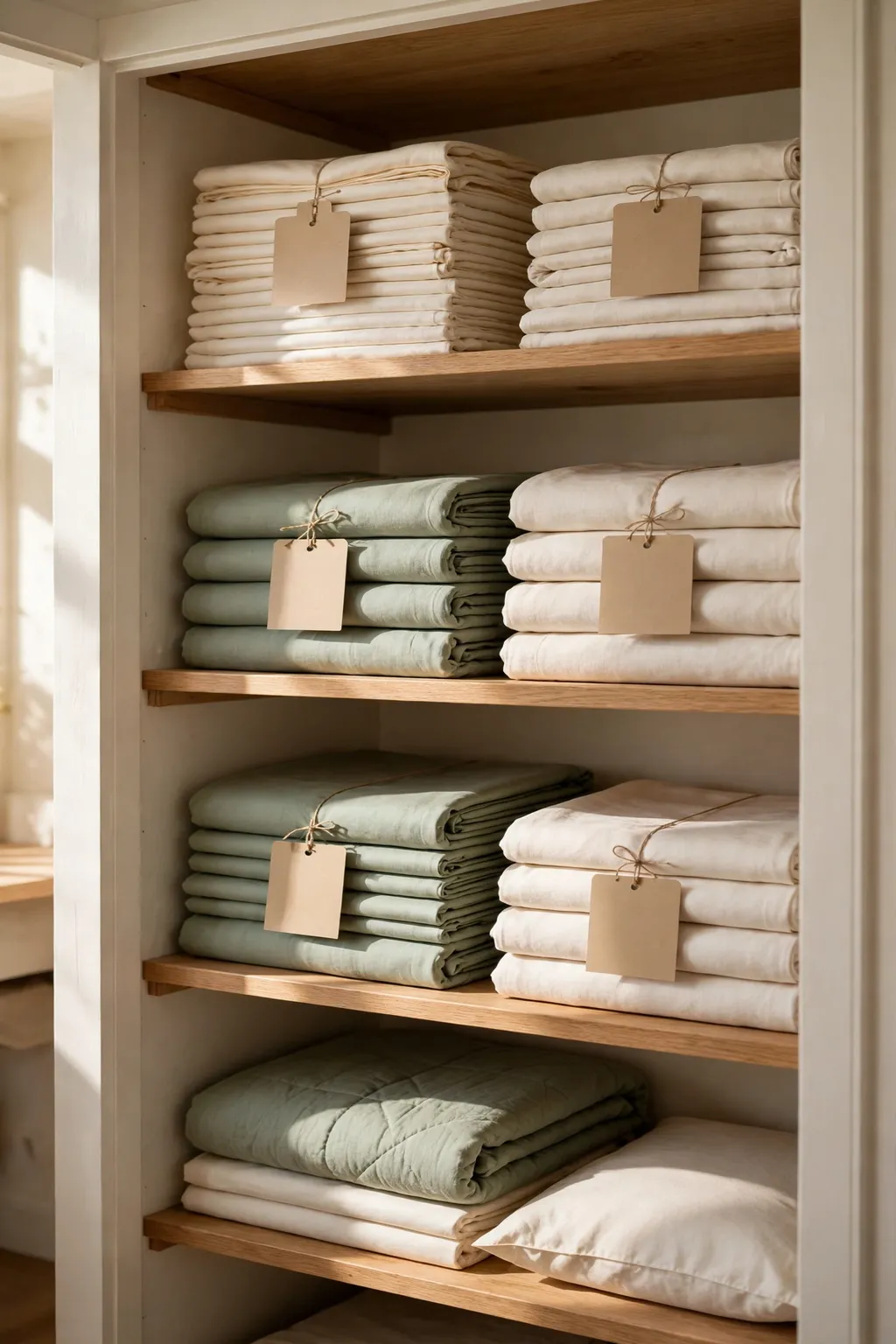 Linen closet shelf with folded sheet sets sorted by bed size in labeled stacks