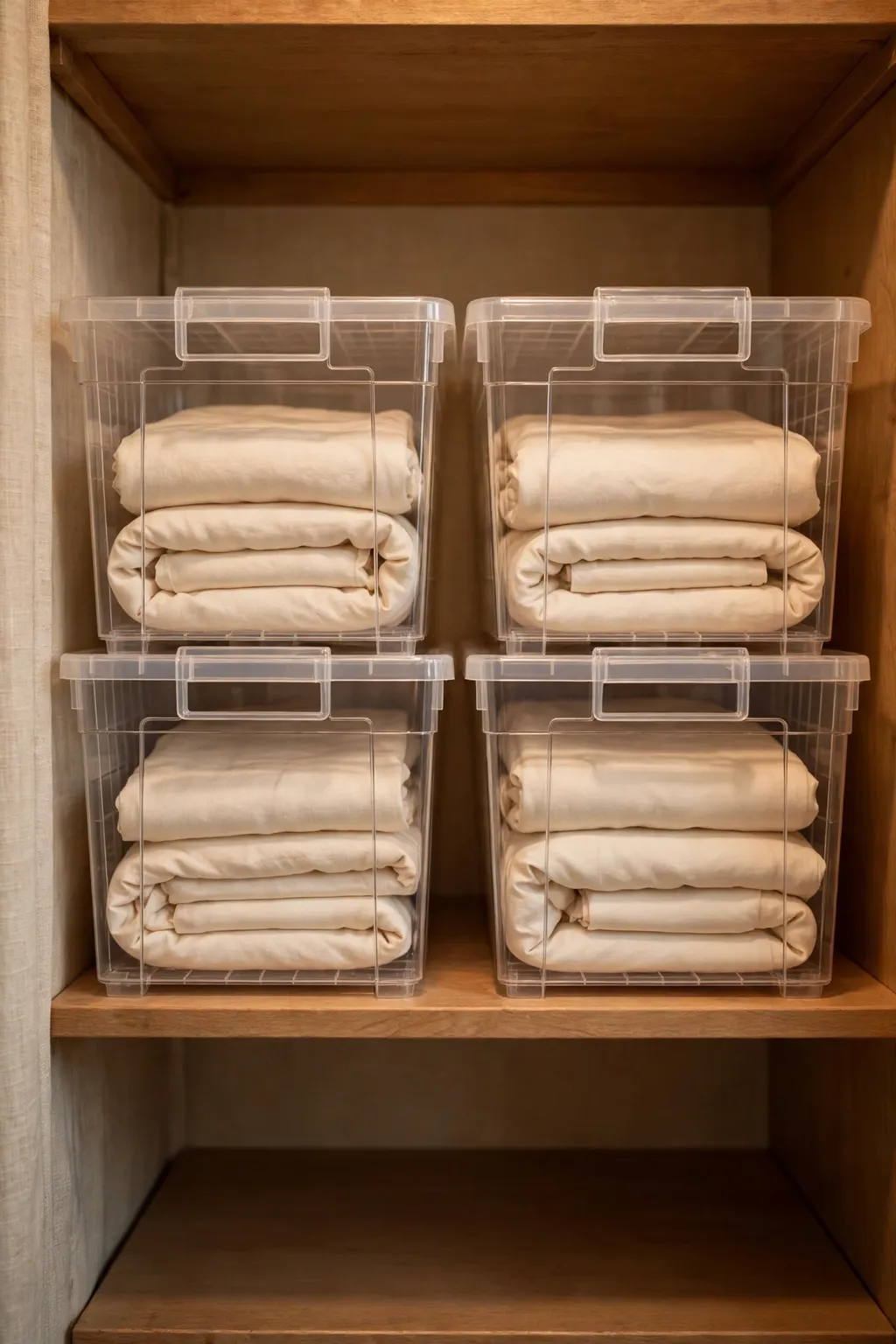 Clear labeled bins on a linen closet shelf, each holding one complete folded sheet set