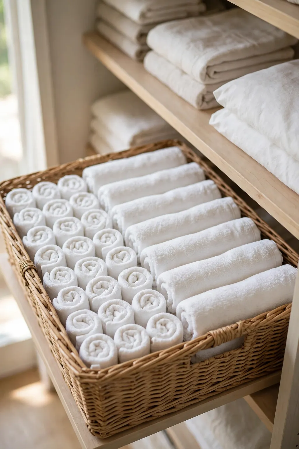 Rolled white washcloths and hand towels lined up neatly in a basket on a linen closet shelf