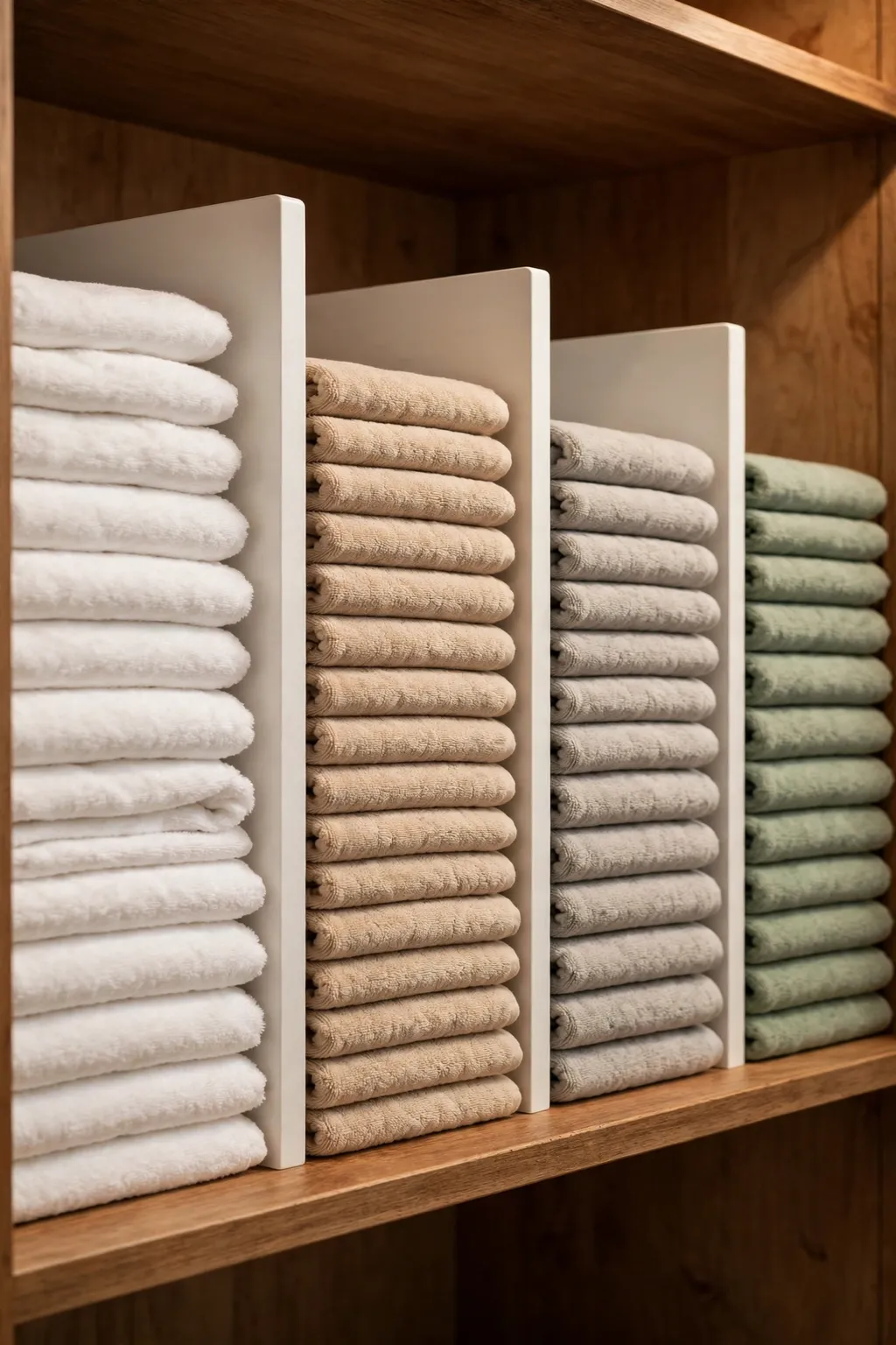 Tall stacks of folded towels held upright by shelf dividers on a wooden linen closet shelf
