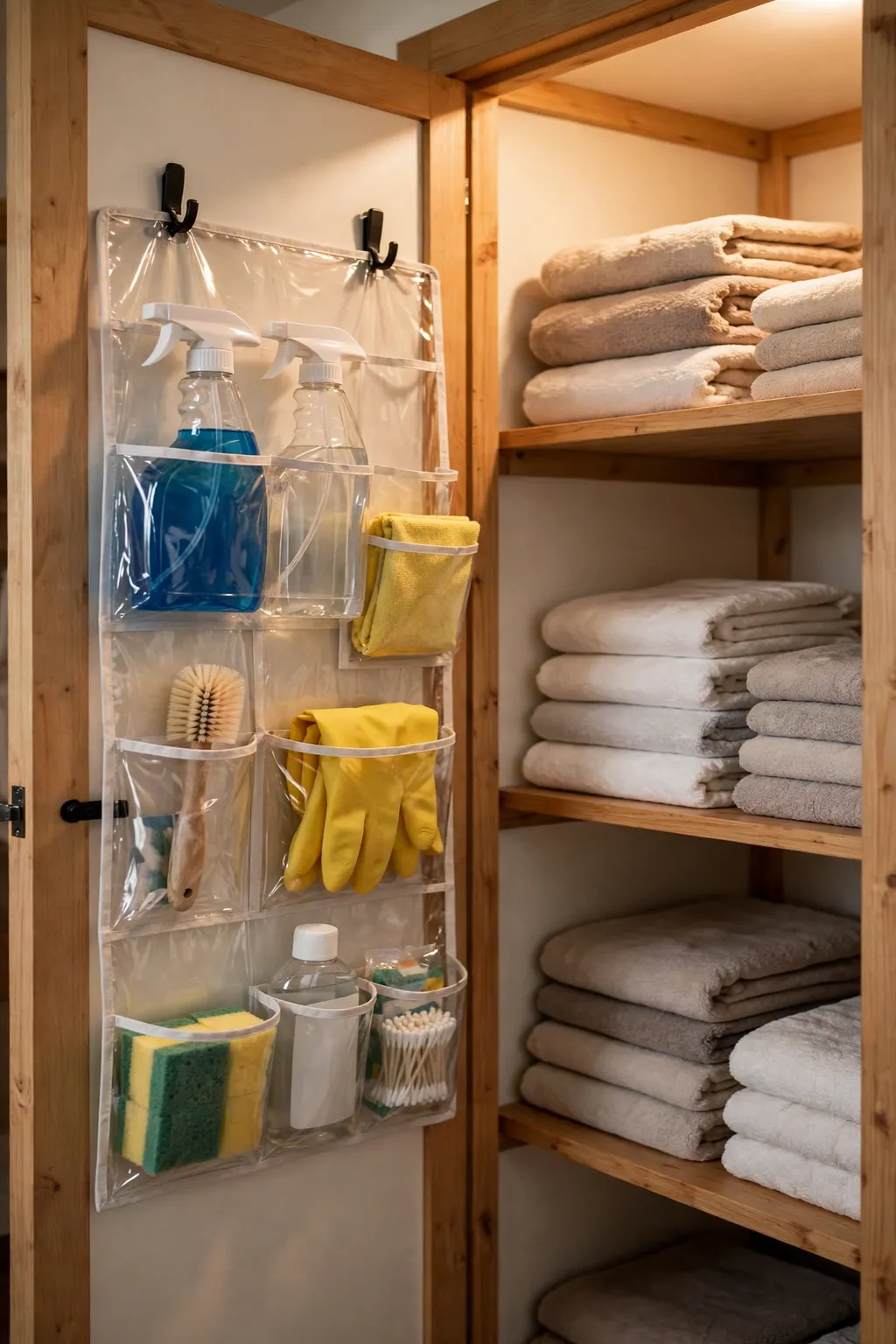 Inside of a linen closet door with a clear organizer holding spray bottles and small essentials
