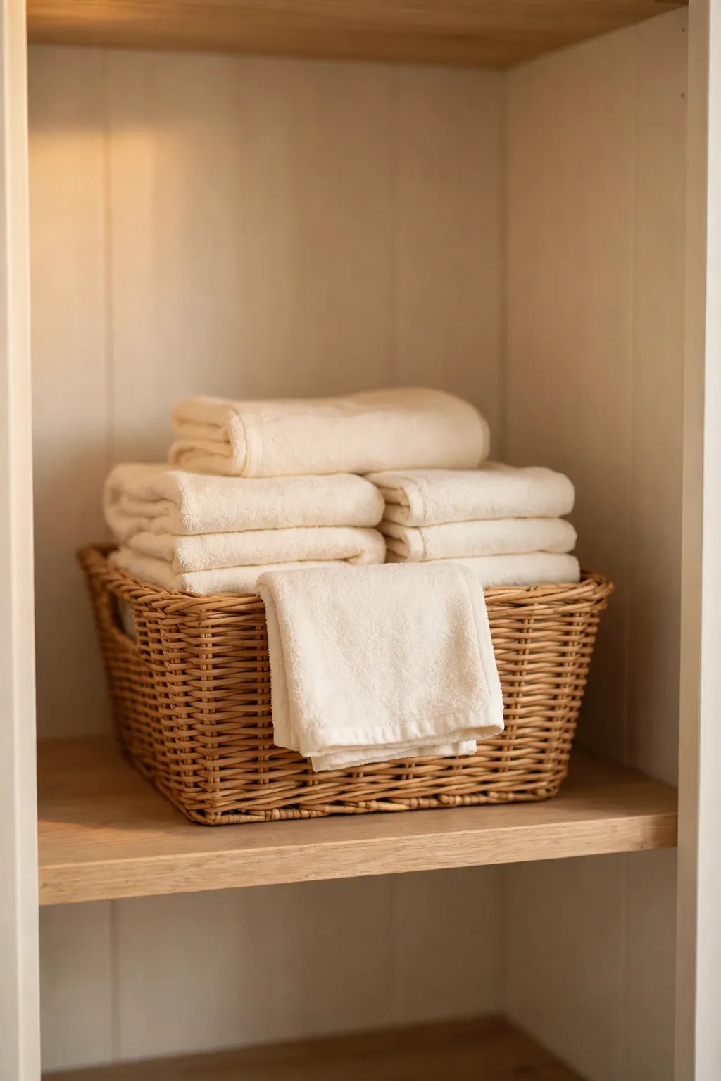 Woven basket of neatly folded guest towels and a washcloth on a linen closet shelf