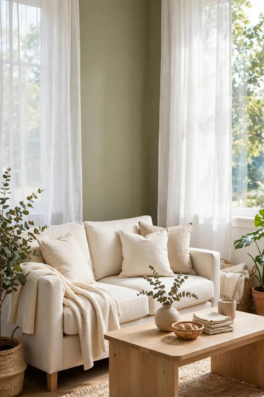 Living room painted soft sage-olive green with a cream sofa and light wood coffee table