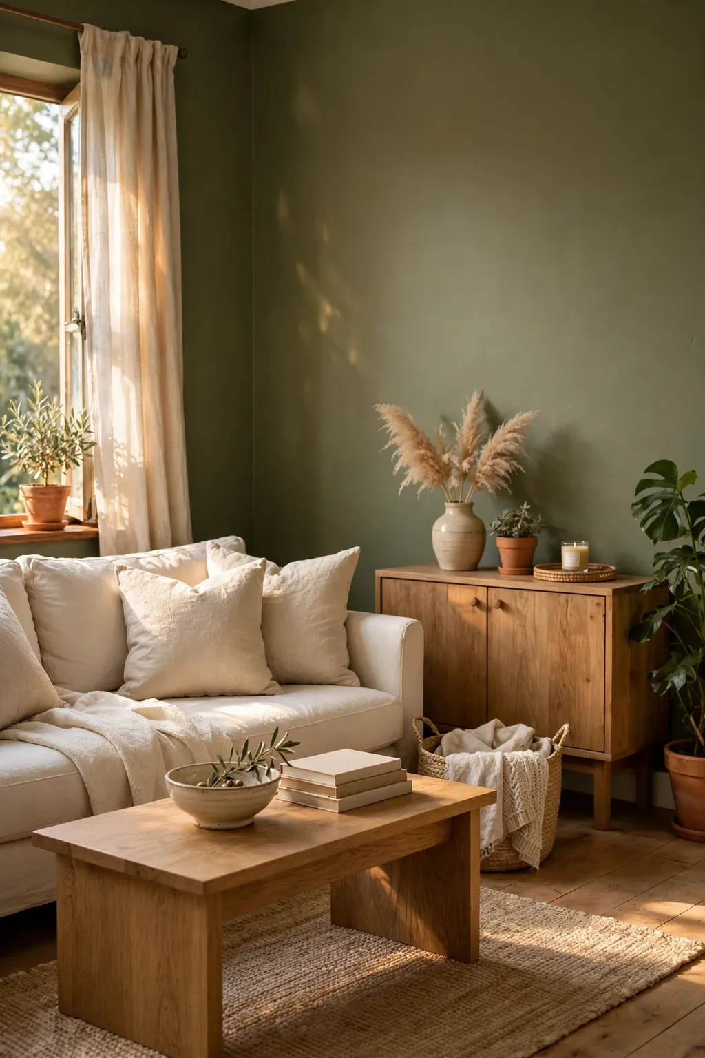 Living room painted classic olive green with a cream sofa and oak furniture