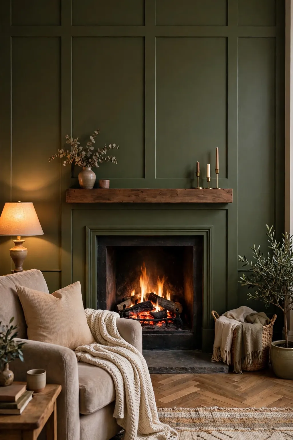 Living room with a deep olive green fireplace wall, lit fireplace, and armchair