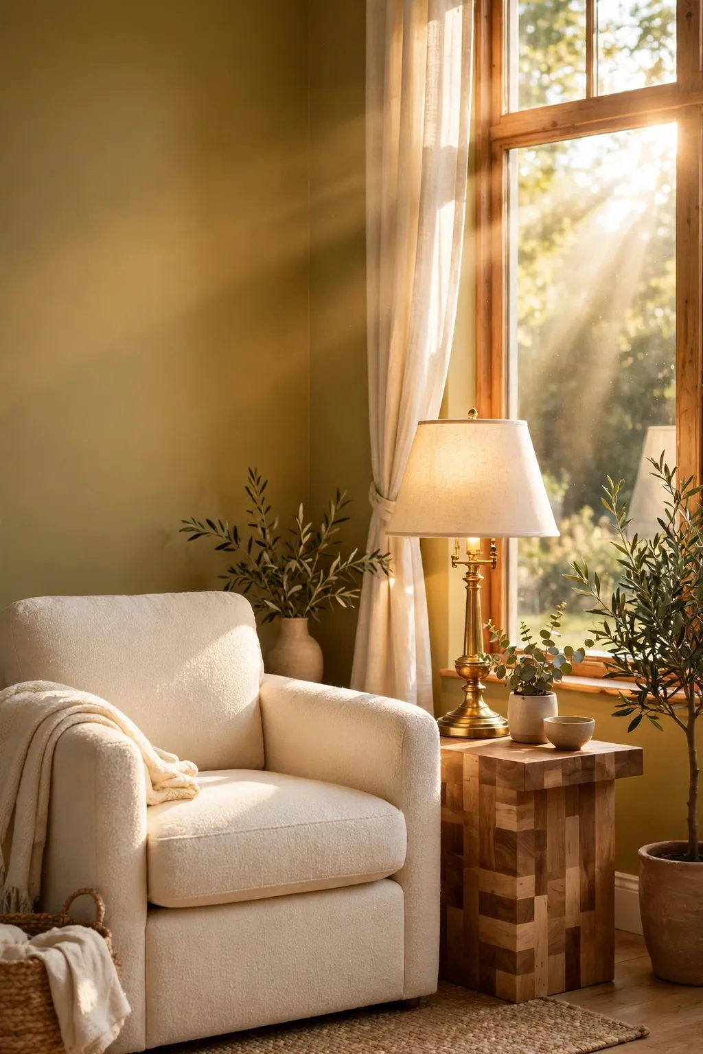Sunny living room painted warm golden olive green with a cream armchair and brass lamp