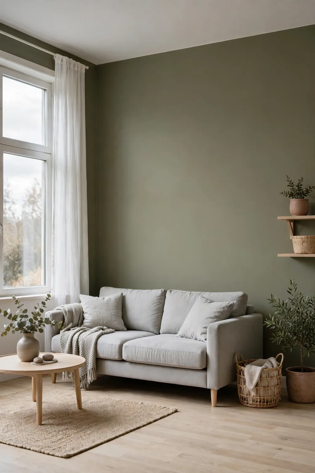 Calm living room painted grey-green olive with a light grey sofa and pale wood floor
